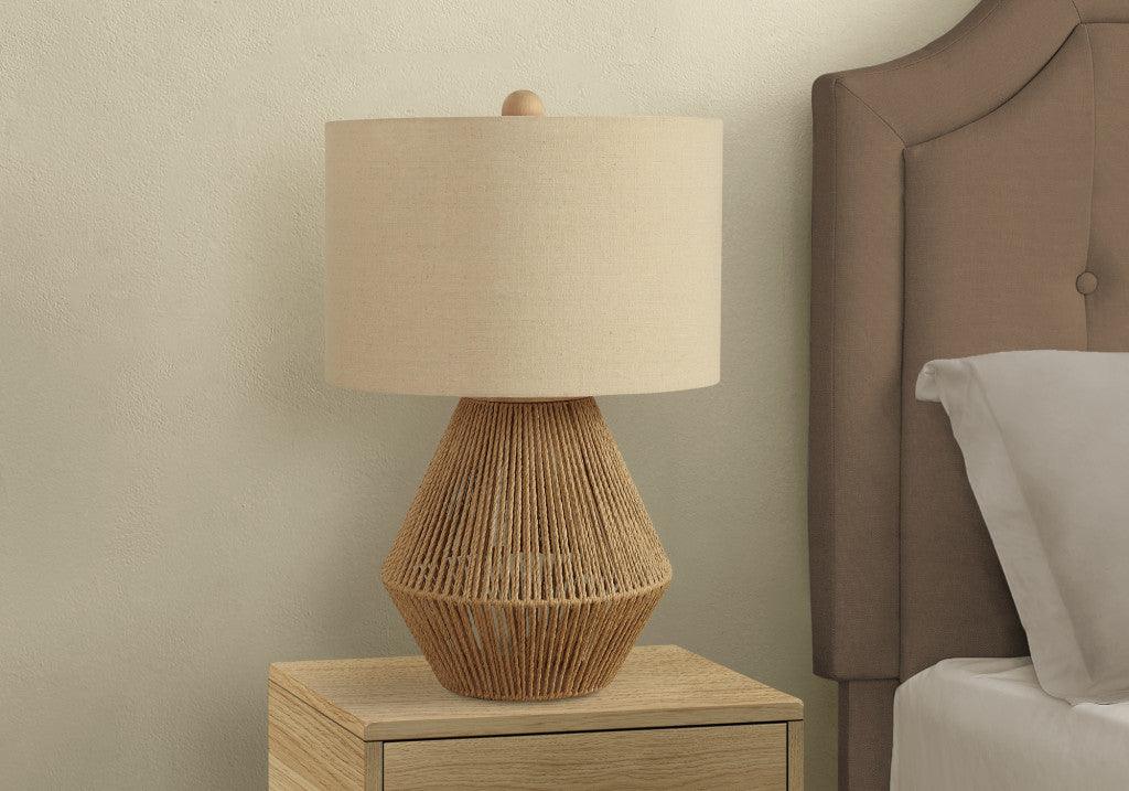 22" Brown Rattan Geometric Table Lamp With Beige Drum Shade - FurniFindUSA