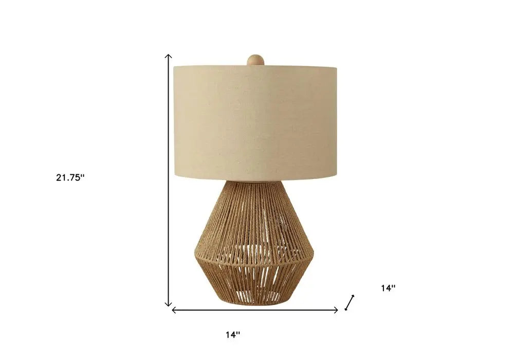22" Brown Rattan Geometric Table Lamp With Beige Drum Shade HomeRoots