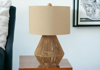 22" Brown Rattan Geometric Table Lamp With Beige Drum Shade - FurniFindUSA