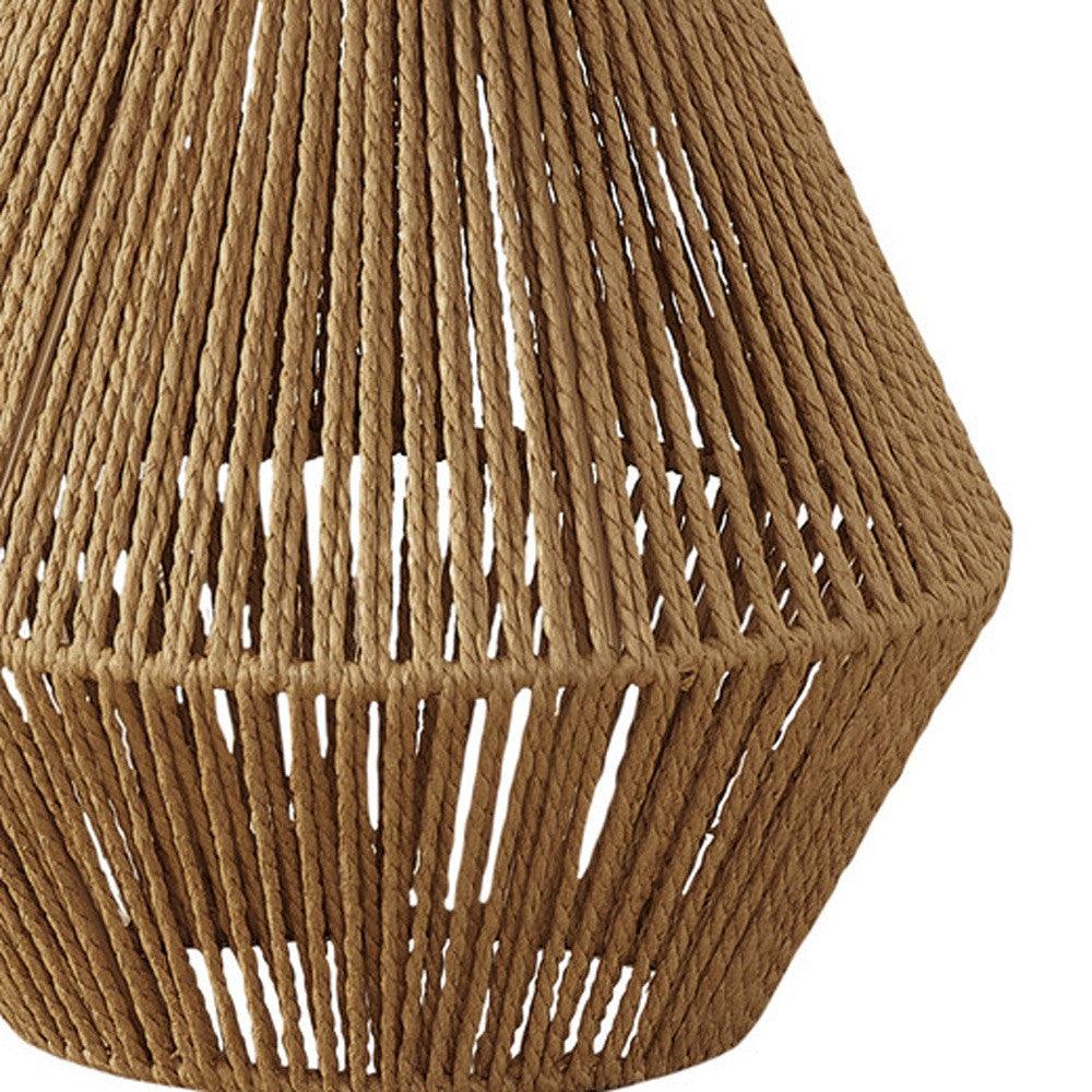 22" Brown Rattan Geometric Table Lamp With Beige Drum Shade - FurniFindUSA