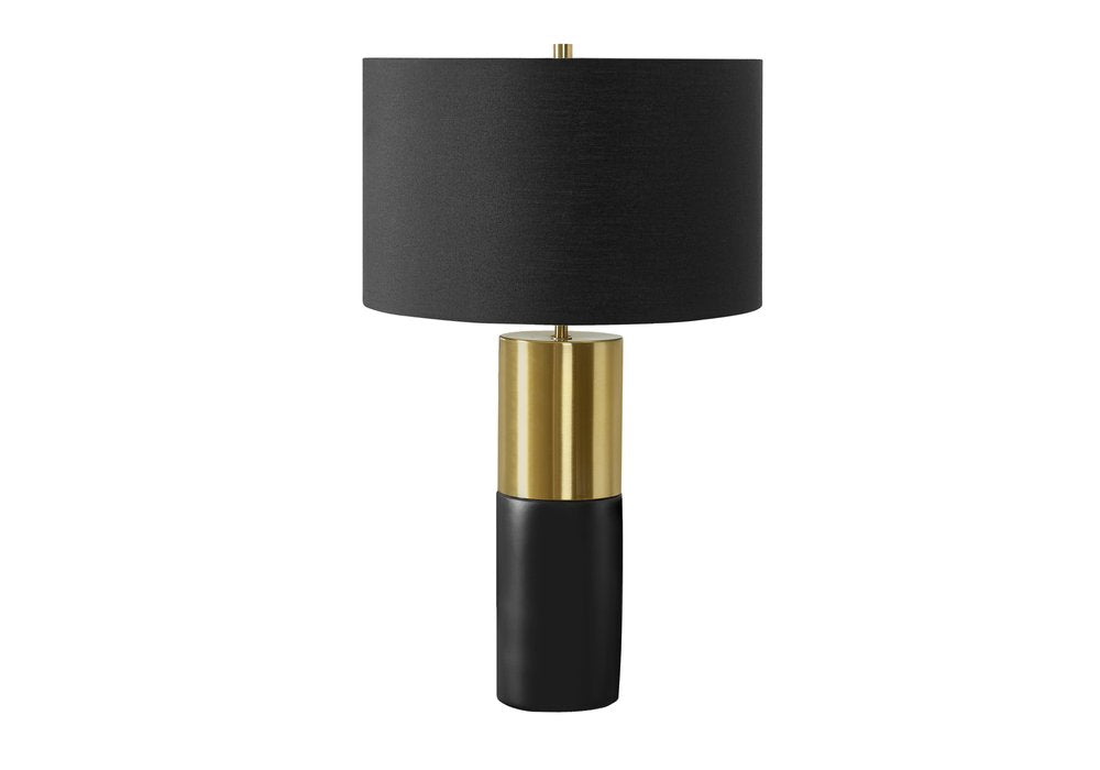 25" Black and Gold Concrete Cylinder Table Lamp With Black Drum Shade — view 1