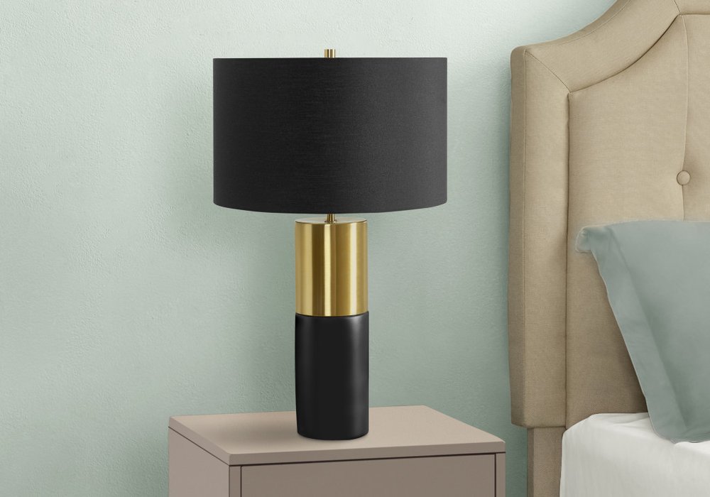 25" Black and Gold Concrete Cylinder Table Lamp With Black Drum Shade — view 3