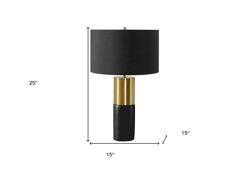 25" Black and Gold Concrete Cylinder Table Lamp With Black Drum Shade HomeRoots