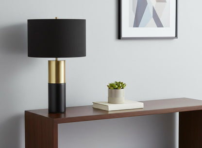 25" Black and Gold Concrete Cylinder Table Lamp With Black Drum Shade