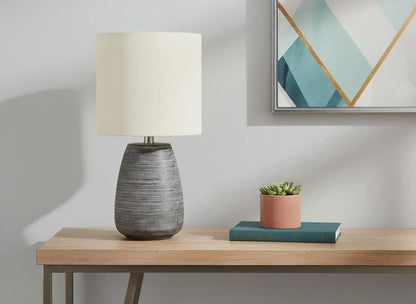 19" Gray Ceramic Round Table Lamp With Ivory Drum Shade HomeRoots