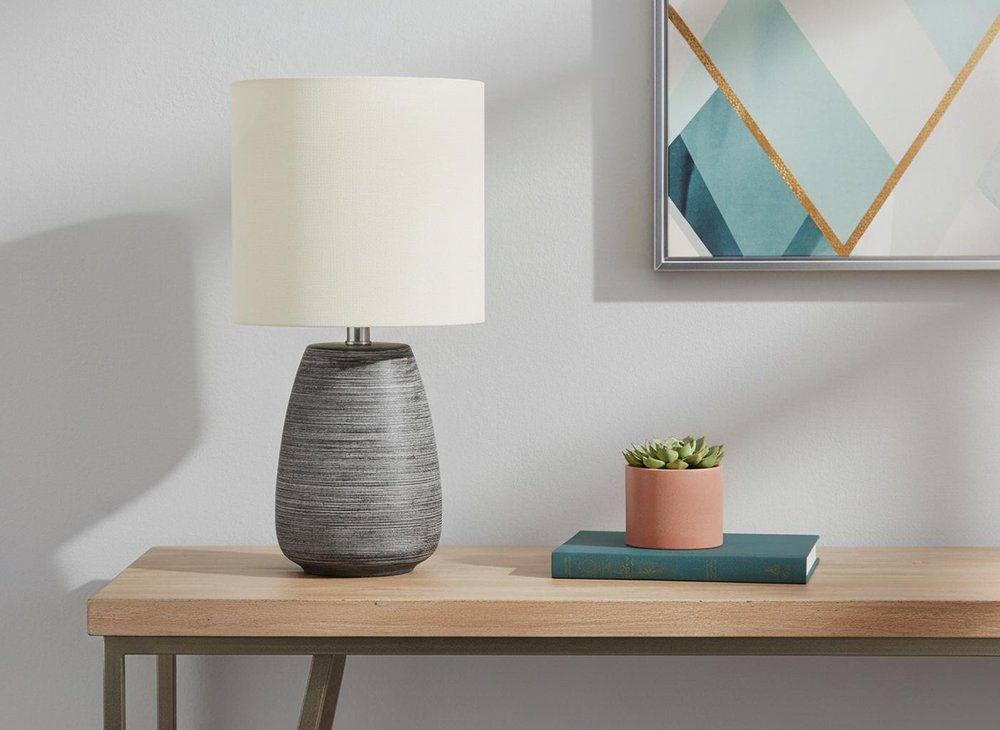 19" Gray Ceramic Round Table Lamp With Ivory Drum Shade HomeRoots