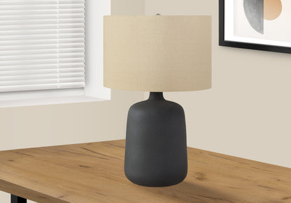 24" Black Ceramic Round Table Lamp With Beige Drum Shade