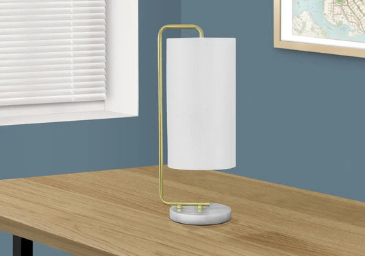 20" Gold and White Marble Round Arched Table Lamp With Ivory Drum Shade HomeRoots