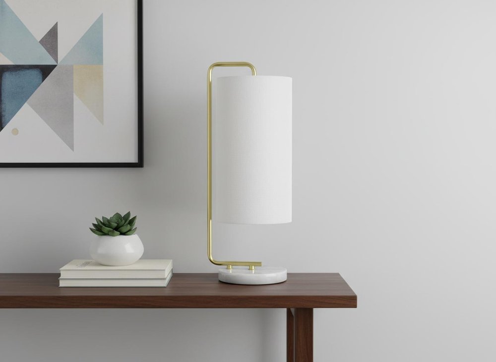 20" Gold and White Marble Round Arched Table Lamp With Ivory Drum Shade — view 7