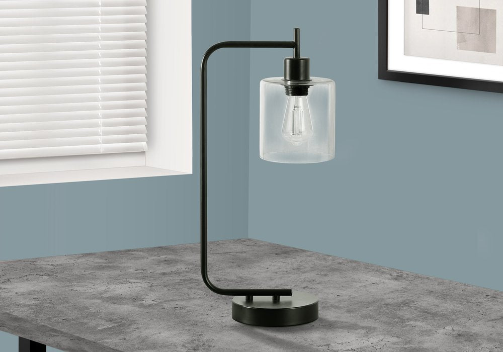 20" Black Metal Round Arched USB Table Lamp With Clear Drum Shade — view 2