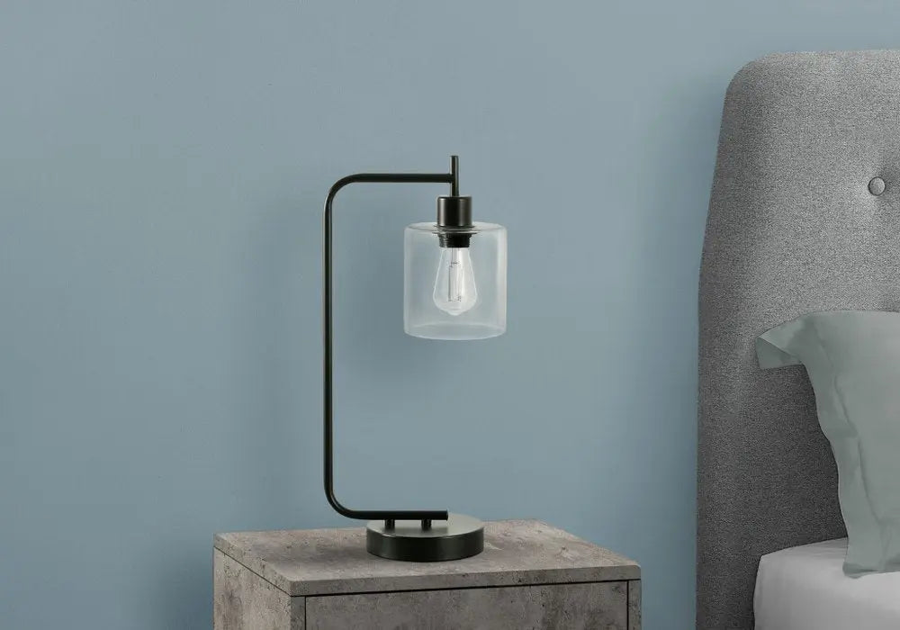 20" Black Metal Round Arched USB Table Lamp With Clear Drum Shade HomeRoots