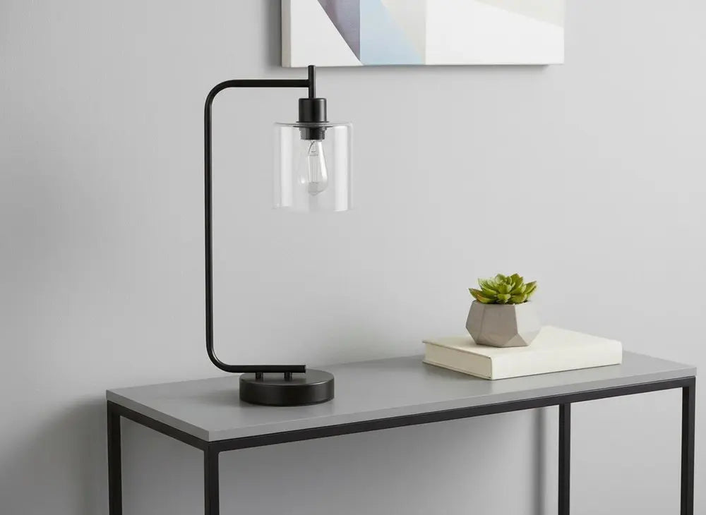 20" Black Metal Round Arched USB Table Lamp With Clear Drum Shade HomeRoots