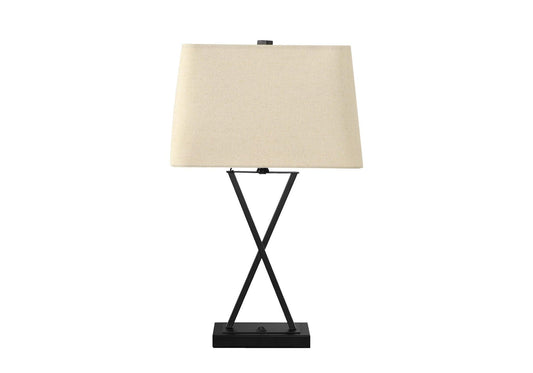 25" Black Metal Geometric USB Table Lamp With Beige Shade - FurniFindUSA