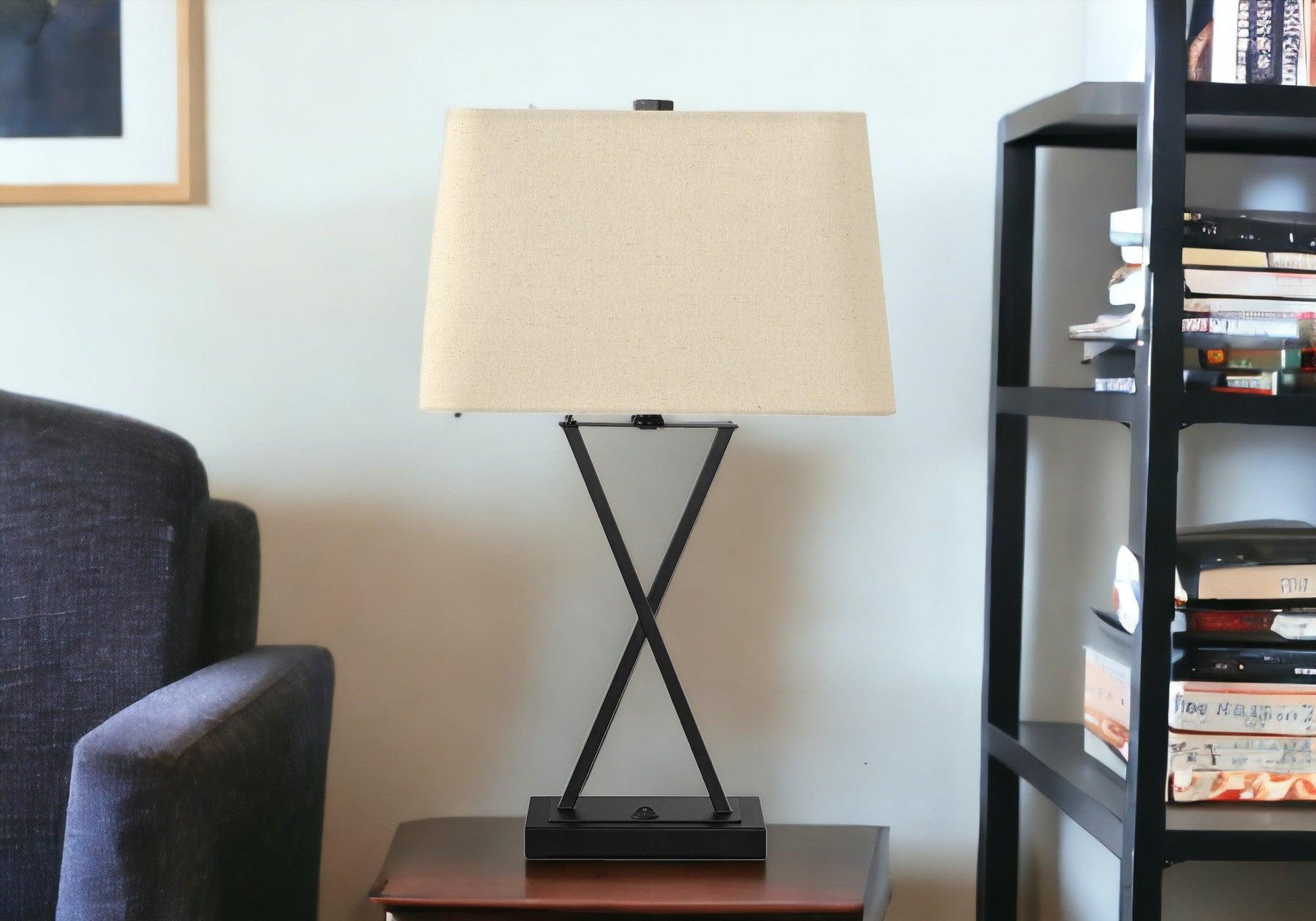 25" Black Metal Geometric USB Table Lamp With Beige Shade - FurniFindUSA