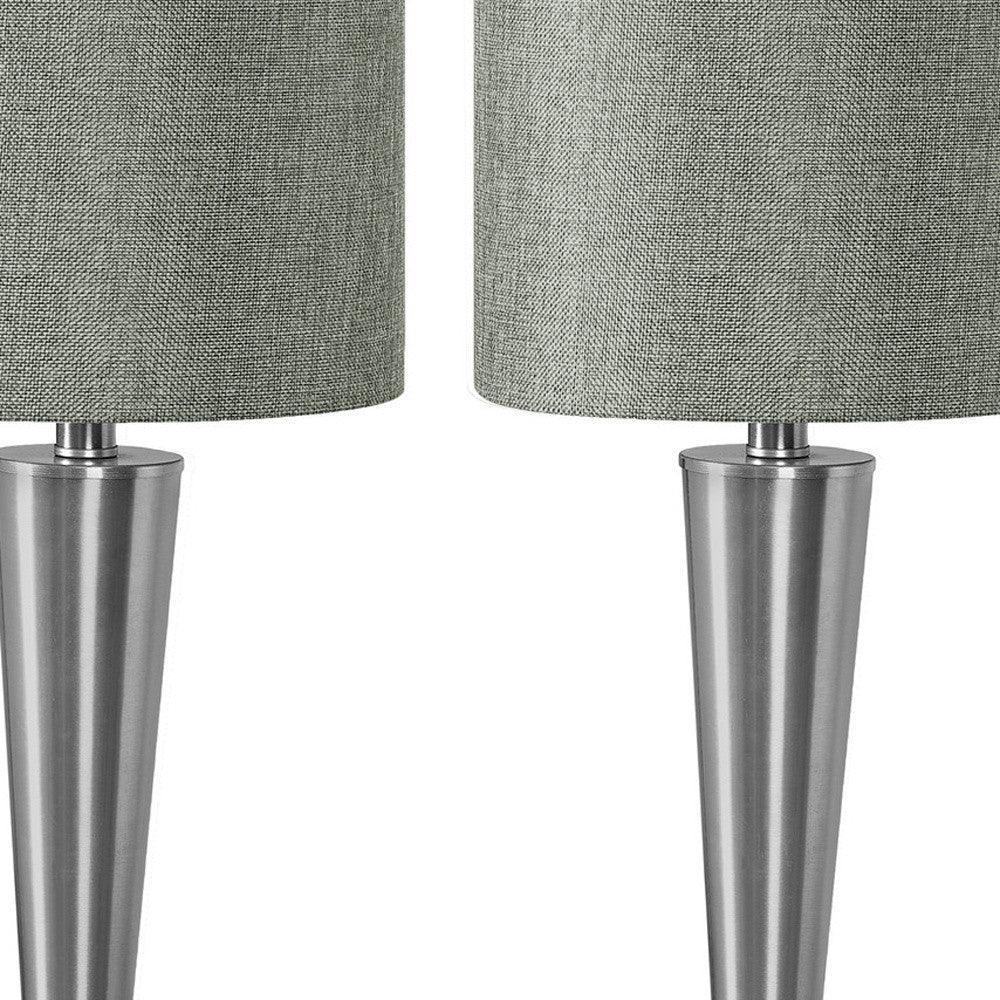 Set of Two 24" Silver Metal Candlestick USB Table Lamps With Gray Drum Shades - FurniFindUSA
