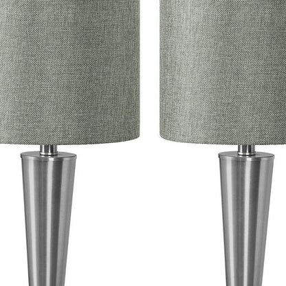 Set of Two 24" Silver Metal Candlestick USB Table Lamps With Gray Drum Shade HomeRoots
