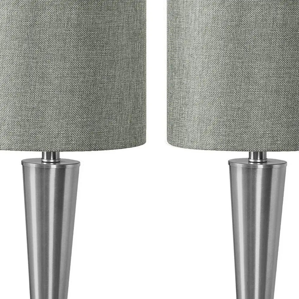 Set of Two 24" Silver Metal Candlestick USB Table Lamps With Gray Drum Shade HomeRoots