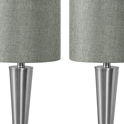 Set of Two 24" Silver Metal Candlestick USB Table Lamps With Gray Drum Shade HomeRoots