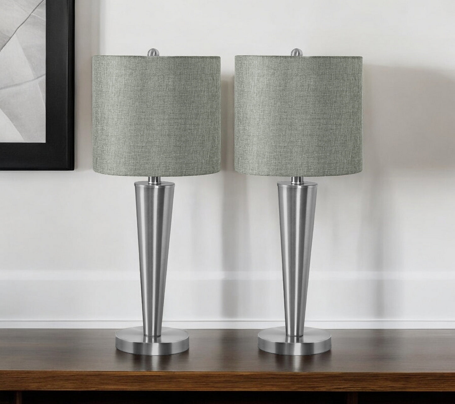 Set of Two 24" Silver Metal Candlestick USB Table Lamps With Gray Drum Shade