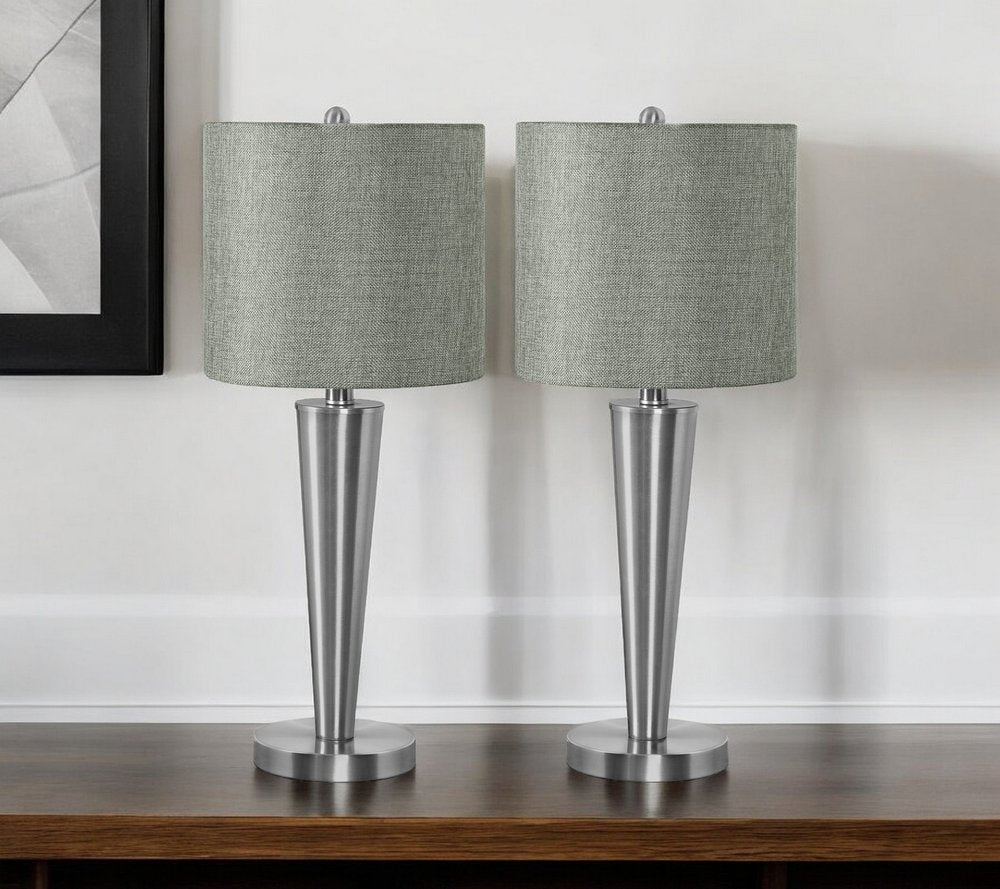 Set of Two 24" Silver Metal Candlestick USB Table Lamps With Gray Drum Shade HomeRoots