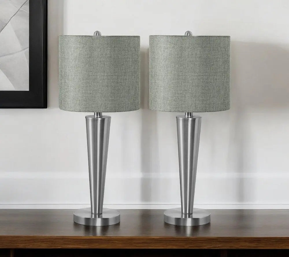 Set of Two 24" Silver Metal Candlestick USB Table Lamps With Gray Drum Shade HomeRoots