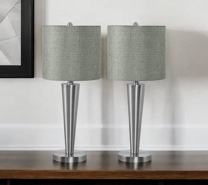 Set of Two 24" Silver Metal Candlestick USB Table Lamps With Gray Drum Shade HomeRoots