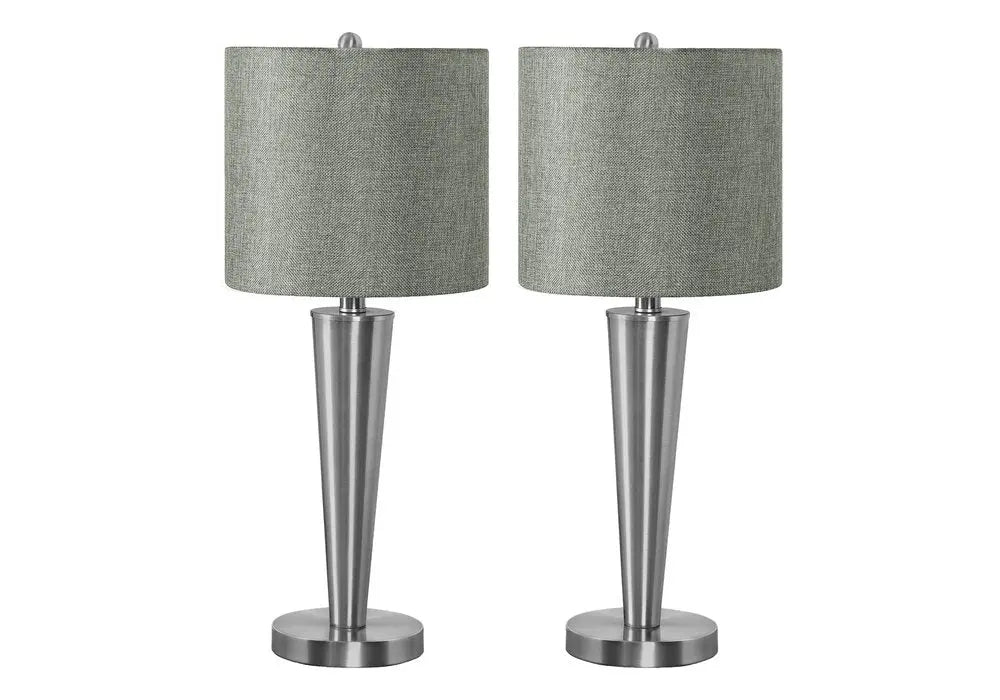 Set of Two 24" Silver Metal Candlestick USB Table Lamps With Gray Drum Shade HomeRoots