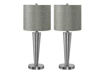 Set of Two 24" Silver Metal Candlestick USB Table Lamps With Gray Drum Shade HomeRoots
