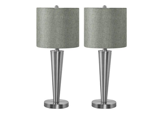 Set of Two 24" Silver Metal Candlestick USB Table Lamps With Gray Drum Shade HomeRoots