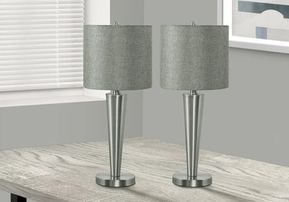 Set of Two 24" Silver Metal Candlestick USB Table Lamps With Gray Drum Shade HomeRoots
