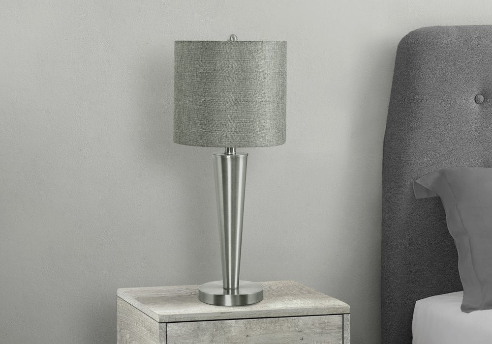 Set of Two 24" Silver Metal Candlestick USB Table Lamps With Gray Drum Shade HomeRoots