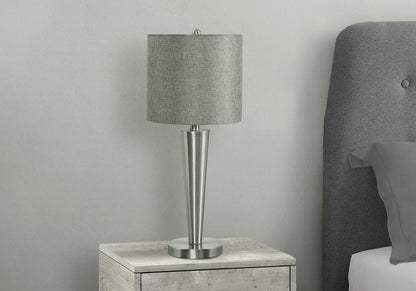 Set of Two 24" Silver Metal Candlestick USB Table Lamps With Gray Drum Shade HomeRoots