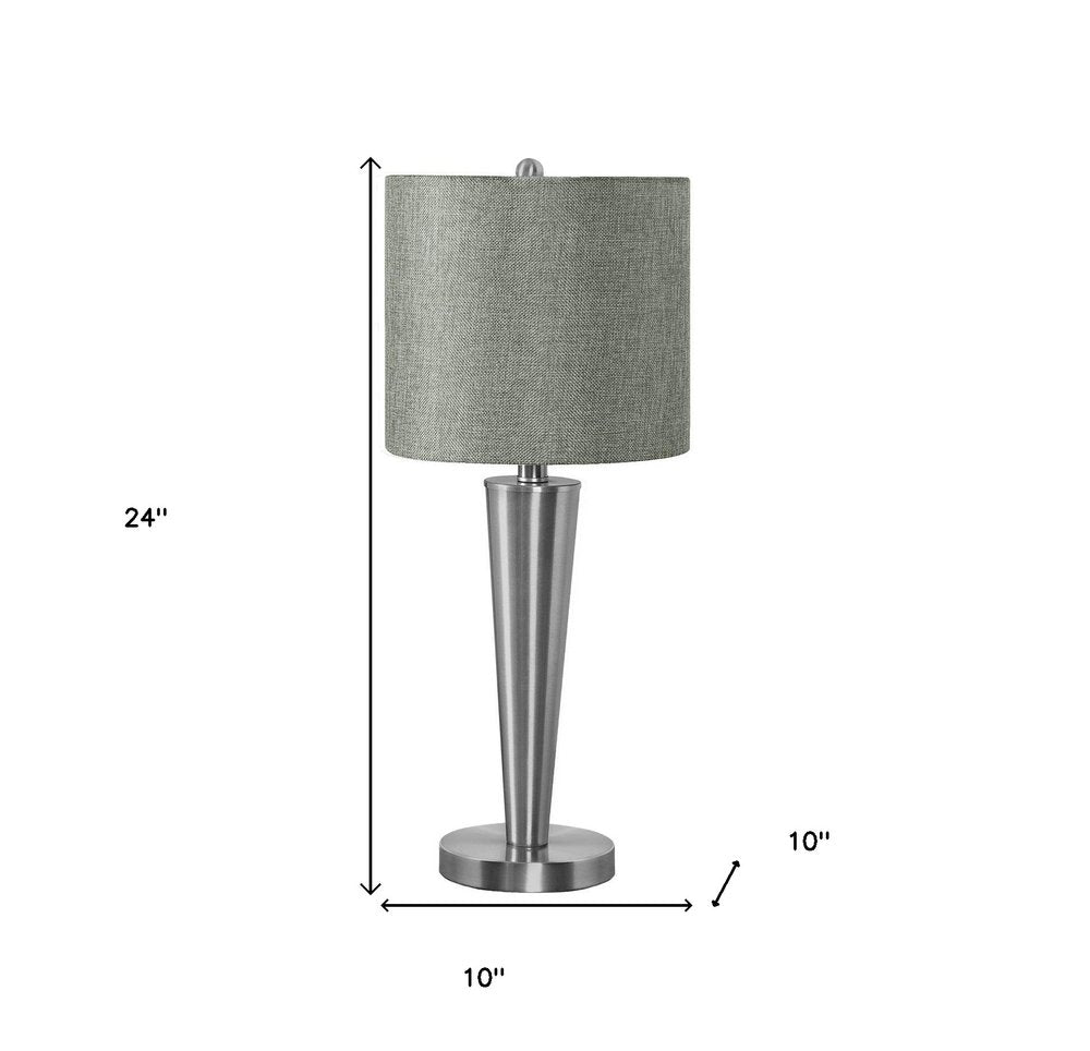 Set of Two 24" Silver Metal Candlestick USB Table Lamps With Gray Drum Shade HomeRoots