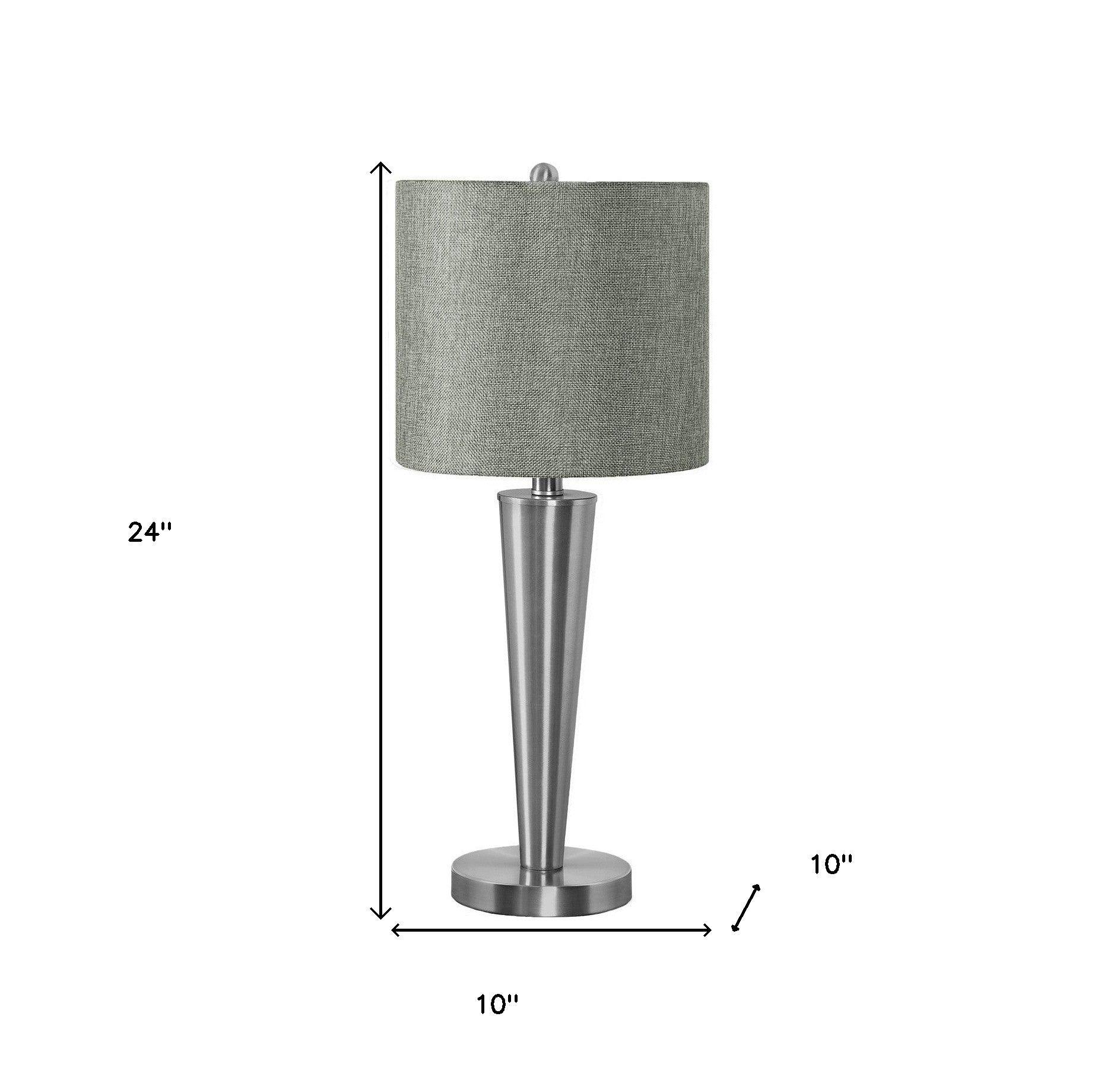 Set of Two 24" Silver Metal Candlestick USB Table Lamps With Gray Drum Shades - FurniFindUSA