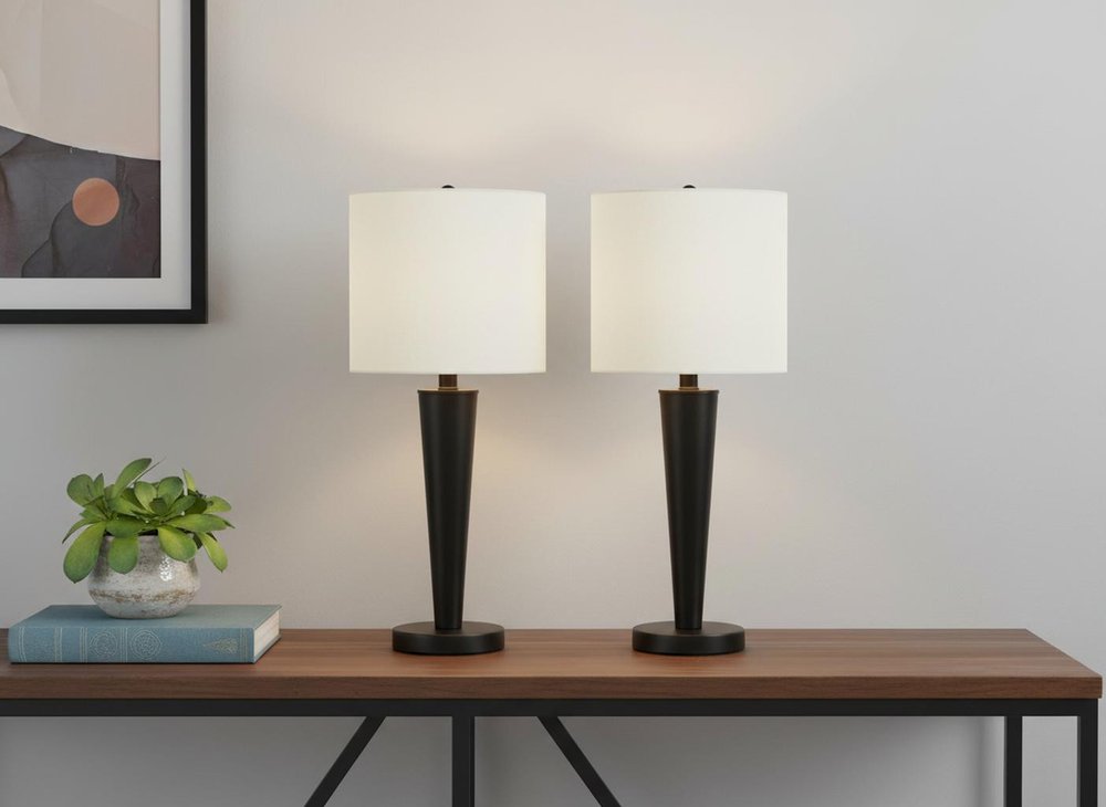 Set of Two 24" Black Metal Candlestick USB Table Lamps With Ivory Drum Shade HomeRoots