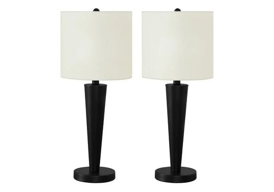 Set of Two 24" Black Metal Candlestick USB Table Lamps With Ivory Drum Shade HomeRoots