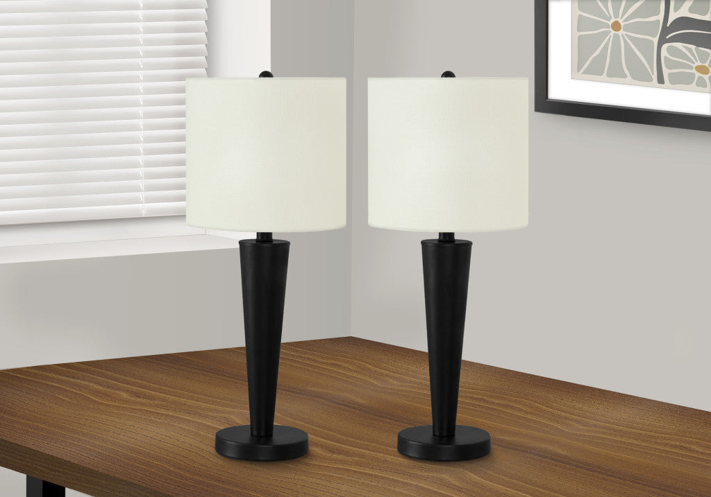 Set of Two 24" Black Metal Candlestick USB Table Lamps With Ivory Drum Shade