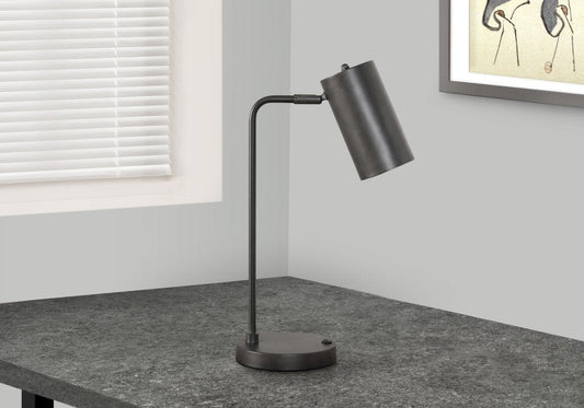 18" Gray Metal Round USB Table Lamp With Gray Cylinder Shade HomeRoots