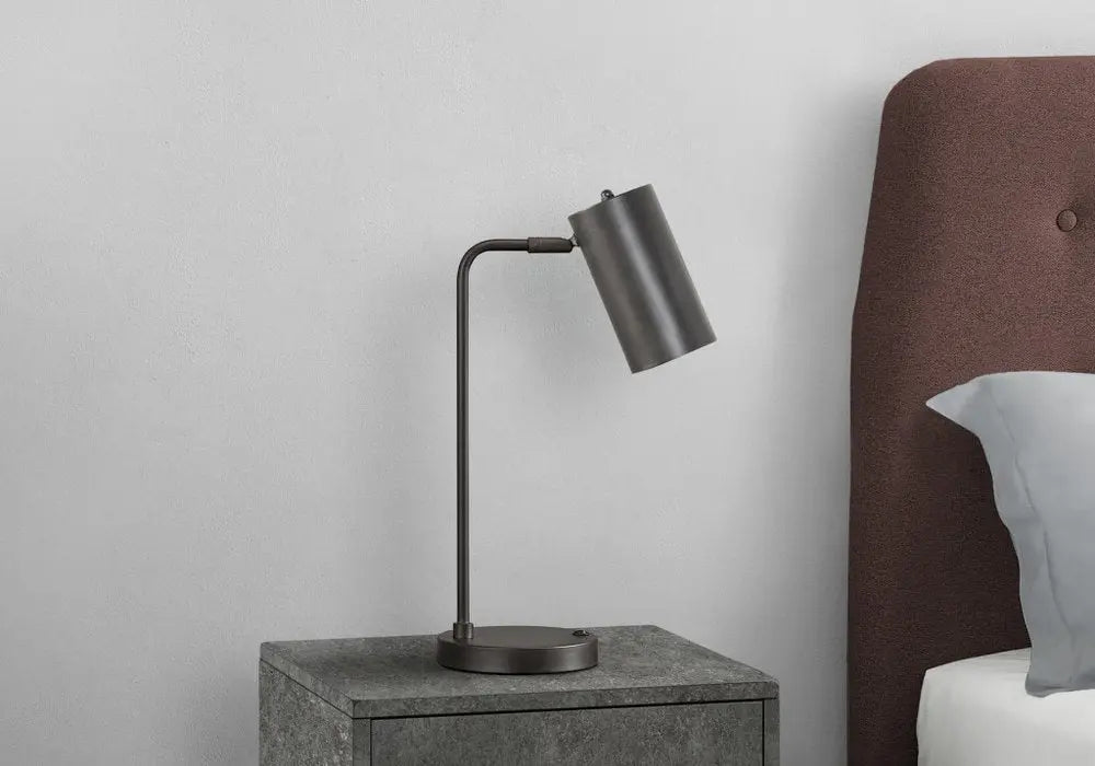 18" Gray Metal Round USB Table Lamp With Gray Cylinder Shade HomeRoots