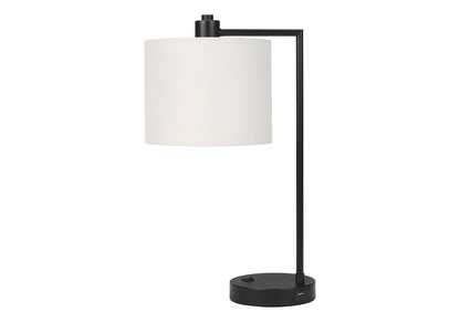 19" Black Metal Round USB Table Lamp With Ivory Drum Shade HomeRoots