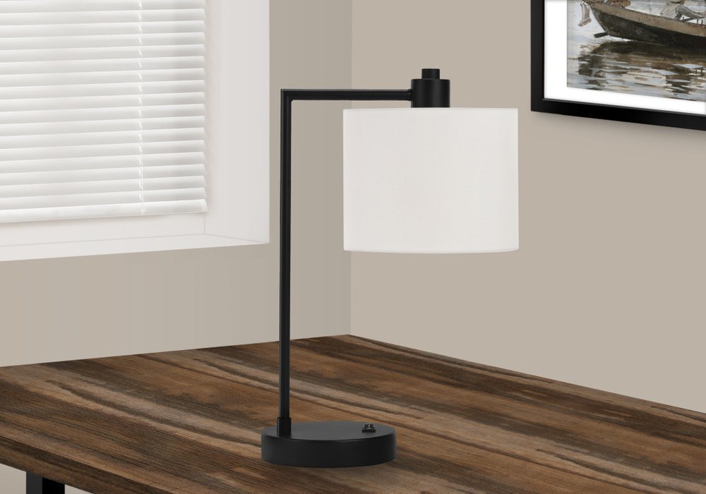 19" Black Metal Round USB Table Lamp With Ivory Drum Shade HomeRoots