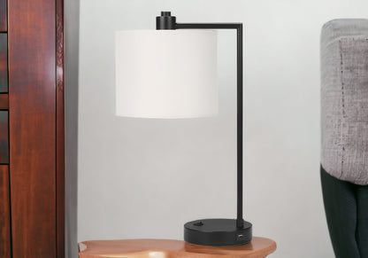 19" Black Metal Round USB Table Lamp With Ivory Drum Shade