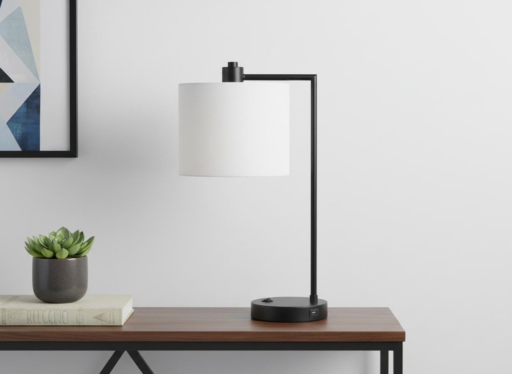 19" Black Metal Round USB Table Lamp With Ivory Drum Shade — view 7