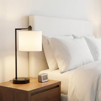 19" Black Metal Round USB Table Lamp With Ivory Drum Shade HomeRoots