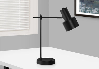 21" Black Metal Round USB Table Lamp With Black Drum Shade HomeRoots