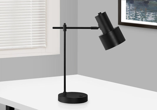 21" Black Metal Round USB Table Lamp With Black Drum Shade HomeRoots
