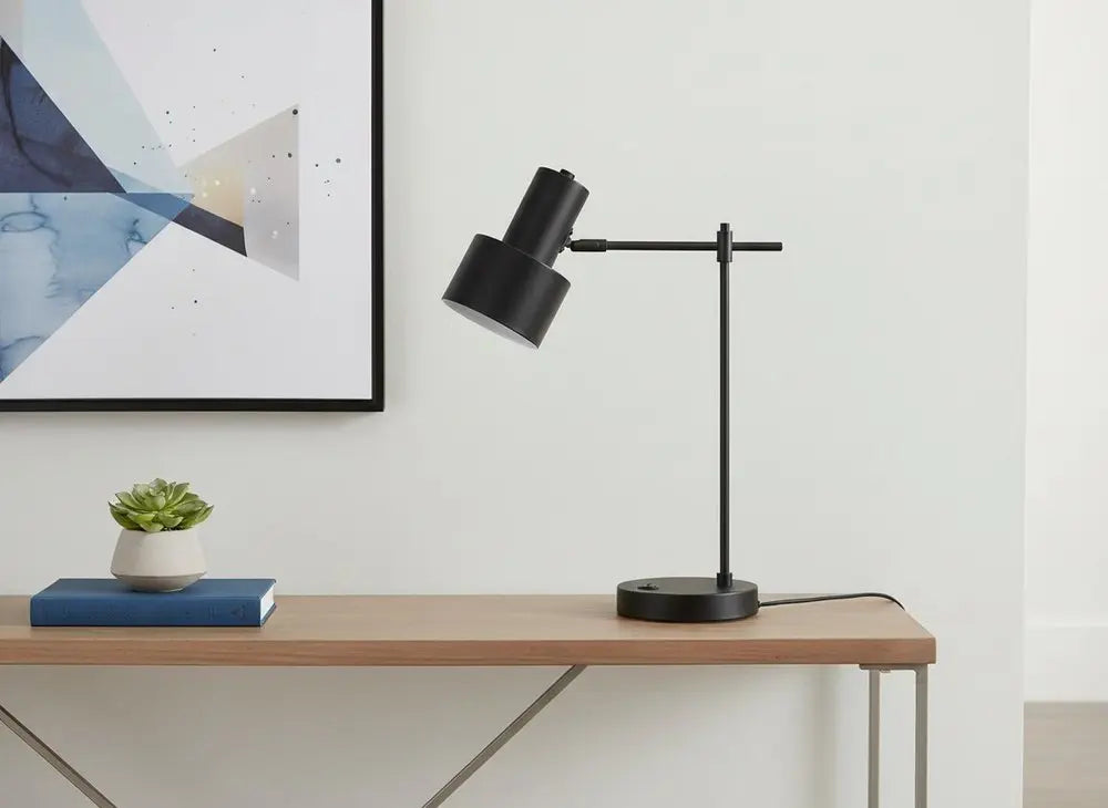 21" Black Metal Round USB Table Lamp With Black Drum Shade HomeRoots