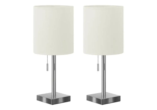 Set of Two 17" Silver Metal Candlestick USB Table Lamps With Ivory Drum Shade HomeRoots