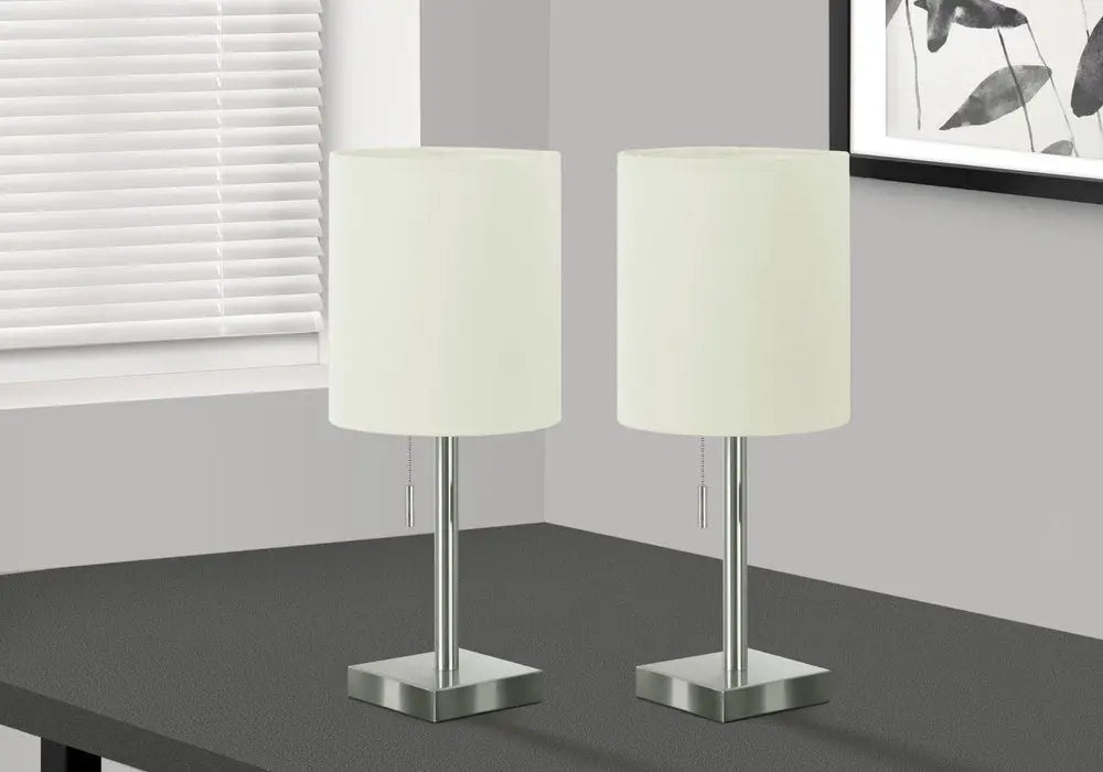 Set of Two 17" Silver Metal Candlestick USB Table Lamps With Ivory Drum Shade HomeRoots