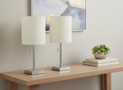 Set of Two 17" Silver Metal Candlestick USB Table Lamps With Ivory Drum Shade HomeRoots
